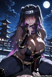 1girl ai_assisted ai_generated bangs black_hair bodysuit breasts cleavage curvaceous curvy curvy_female curvy_figure female finger_to_mouth fire_emblem fishnet_legwear fishnets full_moon huge_breasts index_finger_raised long_hair looking_at_viewer miyuai moon night night_sky ninja purple_eyes shushing sitting sky smile solo tharja_(fire_emblem) thick thick_ass thick_butt thick_hips thick_legs thick_thighs voluptuous voluptuous_female wide_hips wide_thighs