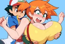 1boy 1girls ai_generated alternate_breast_size breast_grab breasts female gym_leader huge_breasts human kasumi_(pokemon) male mullon muscular_male novelai paulinebabe pokemon pokemon_(anime) pokemon_journeys pokemon_rgby satoshi_(pokemon) straight