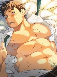 1boy abs bed bite_mark blush brown_eyes brown_hair indoors lying male male_only muscular_male necktie open_clothes open_mouth open_shirt original pubic_hair solo st05254