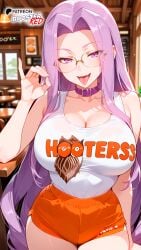 ai_generated boosterred99 collar fate/grand_order fate_(series) fellatio_gesture female from_below glasses hooters hooters_(parody) hooters_uniform illustrious_(stable_diffusion) large_breasts long_hair medusa_(fate) medusa_(rider)_(fate) medusa_\\\\\\\\\\\\\\\\\\\\\\\\\\\\\\\\\\\\\\\\\\\\\\\\\\\\\\\\\\\\\\\\(fate\\\\\\\\\\\\\\\\\\\\\\\\\\\\\\\\\\\\\\\\\\\\\\\\\\\\\\\\\\\\\\\\) open_mouth orenge_shorts pony_diffusion_xl purple_eyes purple_hair restaurant seductive_smile shorts stable_diffusion t-shirt thighs tongue white_t-shirt
