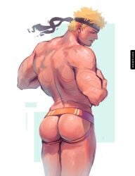 1boy artist_name ass asterus back bara biceps jockstrap jockstrap_only male male_focus male_only muscular muscular_arms muscular_male naruto naruto_(series) shirtless shirtless_male short_hair simple_background solo solo_male standing thighs topless topless_male uzumaki_naruto