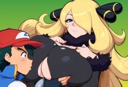 1boy ai_generated blonde_hair breast_grab confused cynthia_(pokemon) female grabbing huge_breasts mature_female muscular_male novelai paulinebabe pokemon pokemon_(anime) pokemon_champion pokemon_dppt pokemon_journeys satoshi_(pokemon)