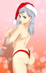 1girls ass back_view black_clover christmas covered_breasts excalibur_overdrive female female_only hourglass_figure hugging_breasts large_ass long_hair looking_at_viewer no_bra noelle_silva open_mouth panties partially_clothed pose posing purple_eyes santa_hat sideboob silver_hair solo solo_female teenager teeth twintails watermark