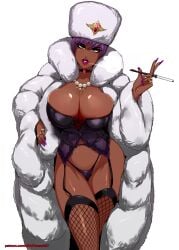 1girls big_breasts choker cigarette cleavage corset dark-skinned_female dark_skin eyelashes female female_only fishnet_stockings fur_coat fur_hat garter_straps hat hi_res looking_at_viewer mole mole_above_mouth narrowed_eyes nofuture pearl_necklace purple_hair purple_lipstick purple_nail_polish red_lipstick smoking solo stockings white_background yellow_eyes