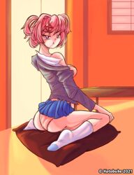 1girls blue_skirt doki_doki_literature_club kotobhana kotobuke natsuki_(doki_doki_literature_club) panties pillow pink_eyes pink_hair pout pouting_at_viewer skirt skirt_up socks