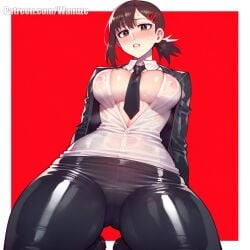 ai_generated big_ass big_breasts big_butt big_thighs black_hair black_pants blush brown_eyes center_opening chainsaw_man hair_ornament huge_ass huge_butt huge_thighs kneeling kobeni_higashiyama medium_breasts necktie see-through see-through_clothing simple_background vest wanuze wide_hips