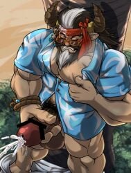 animal_ears balls bara beard boner cow_ears cum draph erection facial_hair granblue_fantasy horns kaltet0818 male male_only masturbation muscles muscular orgasm penis redluck solo solo_male