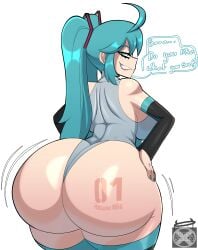 1girls ahoge ass ass_tattoo big_ass big_breasts bottom_heavy breasts bubble_butt clothing cross_samax dat_ass dialogue fat_ass female female_only hands_on_hips hatsune_miku huge_ass large_ass legwear leotard looking_at_viewer looking_back massive_ass png showing_off showing_off_ass smile smug solo talking_to_viewer tattoo text thick_ass thick_thighs thighhighs vocaloid wide_hips