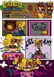 1girls 2boys aku_aku coco_bandicoot comic comic_page crash_(series) crash_bandicoot female furry male masturbation orange_hair