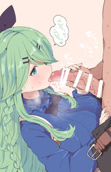 1boy bangs bar_censor black_bow black_ribbon blue_sweater bow braid breasts censored clothed_female_nude_male clothed_sex commentary_request fellatio female green_eyes green_hair hair_between_eyes hair_flaps hair_ornament hair_ribbon hairclip highres kantai_collection large_breasts licking licking_penis long_hair nude oral parted_bangs penis ponytail ribbon sidelocks speech_bubble straight suzuki_toto sweater turtleneck turtleneck_sweater twin_braids yamakaze_(kantai_collection)