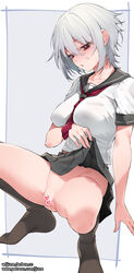 :o albino arm_support blush bottomless censored clothes_lift eyebrows_visible_through_hair female heart heart_censor highres jjune original pleated_skirt red_eyes sailor_collar school_uniform short_hair skirt skirt_lift solo spread_legs squatting white_hair