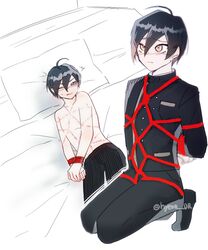 1boy black_hair blush bondage bound bound_wrists danganronpa danganronpa_v3 embarrassed male male_focus male_only on_back on_bed one_eye_closed pale-skinned_male pale_skin red_rope restrained rope rope_bondage rope_marks saihara_shuuichi solo solo_focus solo_male straight_hair tied_up