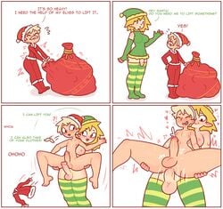 1boy 1futa anal anal_penetration anal_sex anus areolae ass asshole big_breasts big_penis blonde_hair blush breasts bulge butt christmas christmas_elf christmas_headwear christmas_outfit clothed clothing comic cum cumming dialogue digital_media_(artwork) ejaculation ejaculation_while_penetrated elf english english_text erect_penis erection femboy futa_is_bigger futa_on_male futadom futanari girly legwear light-skinned_futanari light-skinned_male light_skin male male_penetrated multiple_images multiple_views nipples nude panels penetration penis penis_size_difference pointy_ears red7cat santa_claus santa_costume sex short_hair simple_background size_difference skimpy spread_legs stand_and_carry_position standing standing_sex text thick thick_thighs thighhighs thighs trap