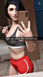 1girls 3d cass_(siluscrow) dialogue english_text female female_only gym indoors medium_breasts mirror_selfie original pinup selfie siluscrow slushe_(website) solo solo_female