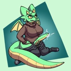 anthro big_breasts big_penis breasts clothed clothing dragon futanari genitals gynomorph hi_res horn impishhyena intersex long_penis marilin_(inkplasm) partially_clothed penis solo sweater thick_tail thick_thighs tongue tongue_out topwear wings