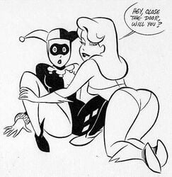 2girls ass batman:_the_animated_series batman_(series) bruce_timm canon_couple dc_comics dcau dialogue english_text female_only harley_quinn harley_quinn_(classic) monochrome poison_ivy poison_ivy_(dcau) spread_legs supervillainess yuri