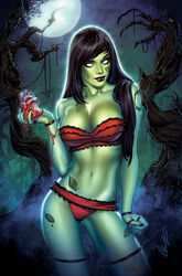 black_hair female_only green_skin pose red_underwear seductive stockings white_eyes zombie zombie_girl zombie_tramp