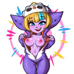 alternate_color big_breasts breasts clothed clothing female flashing flashing_breasts humanoid kigurumi league_of_legends marshort open_mouth open_smile pajamas partially_clothed riot_games simple_background smile solo tristana video_games white_background yordle