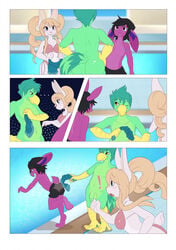 1girls 2boys anthro apinkgrape ass avian christopher_(qbix) clothed clothing comic female furry lagomorph male neko-eclipse17 nude patrigue penis pool stephanie_glamor water