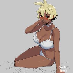 1girls artist_name artist_signature bare_shoulders bed belly big_breasts blonde_hair blush breasts dark-skinned_female dark_skin female female_only grey_background hand_in_mouth large_breasts looking_at_viewer orange_eyes original original_character panties saki_(sambalteracy) sambalteracy simple_background solo solo_female solo_focus stomach tomboy two_tone_hair underwear