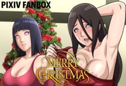 2girls arm_behind_head arm_up armpits big_breasts blunt_bangs blush bob_cut bodily_fluids boruto:_naruto_next_generations breasts brown_hair christmas christmas_tree female female_only heat hyuuga_hanabi hyuuga_hinata long_hair looking_at_another multiple_girls naruto naruto_(series) necroxxx nipple_slip nipples no_bra one_breast_out purple_hair sisters sweat sweatdrop sweating tank_top undressing upper_body violet_eyes