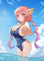 1girls 2d bare_arms bare_shoulders blue_sky blue_swimsuit breast_squeeze breasts bursting_breasts cleavage clothing covered_navel day dragon_girl dragon_horns female female_only heiyu high_resolution highleg highleg_swimsuit horns huge_breasts ilulu_(dragon_maid) light-skinned_female light_skin long_hair looking_at_viewer low_twintails miss_kobayashi's_dragon_maid monster_girl ocean one-piece_swimsuit outdoors pale-skinned_female pale_skin partially_submerged pink_eyes pink_hair pointed_ears red_eyes sideboob sky slit_pupils solo standing summer swimsuit tied_hair twintails undersized_clothes very_high_resolution wading water watermark wet