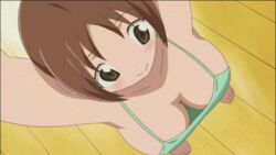 :> animated arms_up bare_shoulders barefoot blush bouncing_breasts breasts brown_eyes brown_hair cleavage female female_focus floor foreshortening from_above hinako_(issho_ni_training) indoors issho_ni_training short_hair short_twintails smile solo standing sweat tagme tank_top training twintails