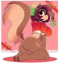 1girls anthro ass bottomless breasts christmas clothed clothing female female_only furry kneeling partially_clothed shelly_(wirelessshiba) solo wireless_shiba