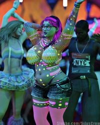 1male 3d bra chubby depth_of_field female_focus fishnet_shirt fishnet_topwear fishnets glasses huge_breasts indoors jean_shorts karen_(siluscrow) looking_at_viewer rave siluscrow slushe_(website) solo_focus standing tagme tattoo