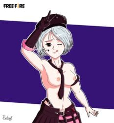 1girls breasts brown_eyes brown_gloves brown_hat brown_necktie brown_skirt free_fire grey_hair kapella_(free_fire) pink_skirt rebut. solo solo_female topless white_hair