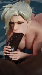 3d 3d_(artwork) alternate_version_available big_breasts black_penis blizzard_entertainment blonde_hair dark-skinned_male dark_skin deep_blowjob european fellatio gag gagging gelzy gigantic_penis huge_cock impossible_fit interracial large_penis mercy naked oral overwatch struggling_to_fit sucking_tip swiss