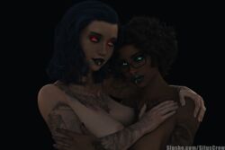 2girls 3d alternate_version_available arm_tattoo black_background black_lipstick blue_eyes blue_hair brown_hair chest_tattoo curly_hair dark-skinned_female dark_skin embrace eyebrow_piercing female female_only glasses glowing_eyes lip_ring looking_at_viewer mary_(siluscrow) medium_hair multiple_girls nose_ring nude nude_female original pale-skinned_female pale_skin pinup red_eyes short_hair siluscrow slushe_(website) smile solid_color_background talia_(siluscrow) tattoo tattoos teal_lipstick