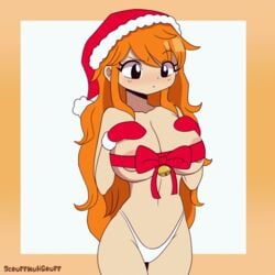 1girls almost_naked animated areola areola_peek areolae areolae_peeking bell belly_button big_breasts bouncing_breasts bow breasts cameltoe christmas color colored female female_only gif large_breasts midriff mittens nami navel nipple_peek one_piece panties pussy_visible_through_clothes ribbon ribbon_bra santa_hat scruffmuhgruff shounen_jump simple_background solo solo_female swaying swaying_breasts thighs watermark white_panties