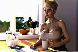 1girls 3d blonde_hair clothed clothing coffee coffee_mug depth_of_field female female_only glasses indoors looking_at_viewer mature mature_female milf miranda_(siluscrow) mug original pinup seated siluscrow sitting slushe_(website) solo solo_female window