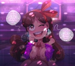 boobjob braces breasts brown_hair dialogue disney disney_channel gravity_falls heart-shaped_pupils long_hair looking_at_viewer mabel_pines medium_breasts paizuri partially_clothed peonymami pov pov_eye_contact purple_sweater singing steam steamy_breath straight_hair sweat sweaty_breasts titjob unseen_male_face wink winking winking_at_viewer