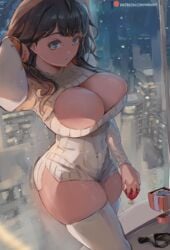 1girls 2021 :o aged_up artist_signature black_hair blue_eyes breasts christmas cityscape cleavage cleavage_cutout clothed clothed_female facing_forward female female_only hips huge_breasts light_blush long_hair miraihikari night skindentation slim_waist ssss.gridman sweater takarada_rikka thick_thighs thighhighs thighs wide_hips