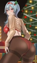 ass blue_hair blush bra breasts bubble_ass bubble_butt christmas christmas_tree clothing eula_(genshin_impact) female female_only genshin_impact hi_res human looking_at_viewer nail_polish panties pantyhose renzu_(lens_02) seductive shirt_lift underwear