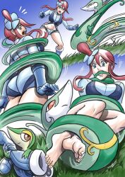 ass blackprof bondage boots bound feet feet_together gag gagged multiple_girls multiple_subs pokemon pokemon_(species) pokemon_bw red_hair serperior skyla_(pokemon) snake snivy vine_gag vines