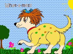 2boys amir_of_kinjan avian baldwin_(what-a-mess) bird canid canine canis carrying character_name collar copyright_name domestic_dog feral flower genitals grass male mammal on_head penis plant raised_tail red_collar sun tree walking what-a-mess_(character) what-a-mess_(series)