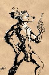 anthro antlers balls boneitis capreoline cervid circumcised flaccid genitals gun hand_on_hip handgun horn ink looking_aside male mammal muscular muscular_male nude penis ranged_weapon revolver soft solo traditional_media_(artwork) weapon white-tailed_deer