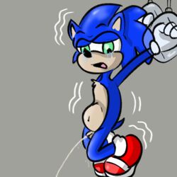 anthro bladder_bulge bodily_fluids clothing crying desperation eulipotyphlan flaccid footwear footwear_only genital_fluids genitals hedgehog hi_res illegaleel male mammal mostly_nude omorashi peeing penis restrained sega shaking shoes shoes_only simple_background small_penis solo sonic_(series) sonic_the_hedgehog sonic_the_hedgehog_(series) tears urine urine_stream wetting