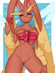 absurd_res alonsy anthro breasts christmas_present covered_nipples female genitals hi_res lagomorph lopunny nintendo nude pokémon_(species) pokemon pokemon_(species) pussy solo solo_female video_games