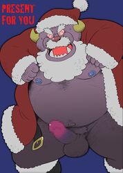 2021 anthro balls belly censored christmas christmas_clothing christmas_headwear clothing erection genitals hat headgear headwear holidays humanoid_hands kemono male moobs navel nipples overweight overweight_male penis santa_hat simple_background solo wantaro