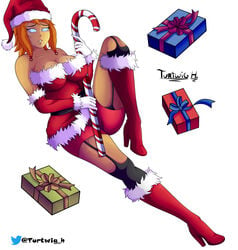 big_ass big_breasts blonde_hair blue_eyes breast candy_cane christmas christmas_outfit hat kassia monster_legends only_female posing red_boots red_clothing turtwig_h