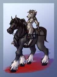 absurd_res anthro armor breasts bridle canid canine canis clothed clothing digitigrade draft_horse duo equid equine exposed_breasts female feral gauntlets genitals gloves handwear hi_res horse jaclyn_(revertigo) mammal partially_clothed presenting pussy reins revertigo riding saddle simple_background unconvincing_armor wolf