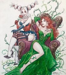 2girls barefoot batman:_the_dark_prince_charming breasts dc dc_comics enrico_marini gloves harley_quinn harley_quinn_(the_dark_prince_charming) high_heels poison_ivy rose skirt thighhighs