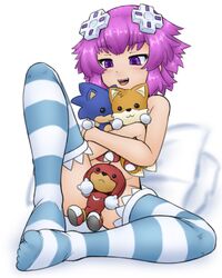 alloyrabbit between_thighs blush breasts d-pad d-pad_hair_ornament female full_body hair_ornament highres knuckles_the_echidna looking_at_viewer medium_hair neptune_(neptunia) neptunia_(series) nude plush purple_eyes purple_hair sitting small_breasts smile solo sonic_(series) sonic_the_hedgehog sonic_the_hedgehog_(series) striped striped_legwear stuffed_toy tails thighhighs