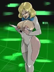 1girls 2021 areolae big_breasts blonde_hair blue_bowtie bowtie breasts bunny_girl bunnysuit evil_grin evil_smile exposed_breasts five_nights_at_freddy's five_nights_at_freddy's:_security_breach fnaf green_background knife mythios nipple_slip nipples partially_clothed partially_clothed_female scottgames steel_wool_studios tagme tongue_out torn_clothes undressing vanessa_(fnaf) vanny_(fnaf)