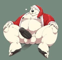 2021 absurd_res anthro balls belly christmas christmas_clothing christmas_headwear clothing erection genitals hat headgear headwear hi_res holidays humanoid_genitalia humanoid_hands humanoid_penis jumperbear kemono male male_only mammal moobs nipples overweight overweight_male penis polar_bear santa_claus santa_hat simple_background sitting solo ursid ursine