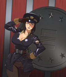 barleyshake bethesda_softworks big_breasts black_hair black_lipstick blue_eyes cleavage enclave fallout fallout_76 female_soldier hand_on_hip hourglass_figure military military_cap military_clothing military_hat military_jacket millennium4ever officer original_character salute scar small_waist soldier solo the_gotthards uniform